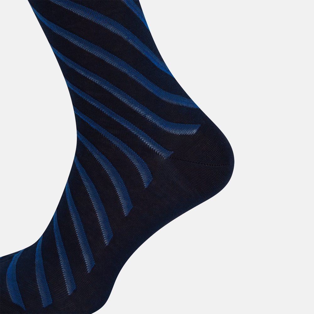 The Turnbull & Asser Navy Diagonal Striped Long Sock, crafted from premium mercerised Egyptian cotton, is shown solo on a plain white background.