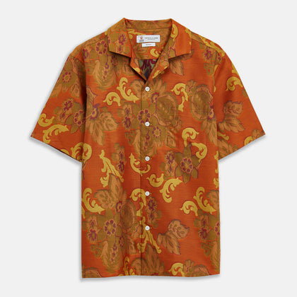 Orange & Ochre Tapestry Weave Cotton Holiday Fit Shirt