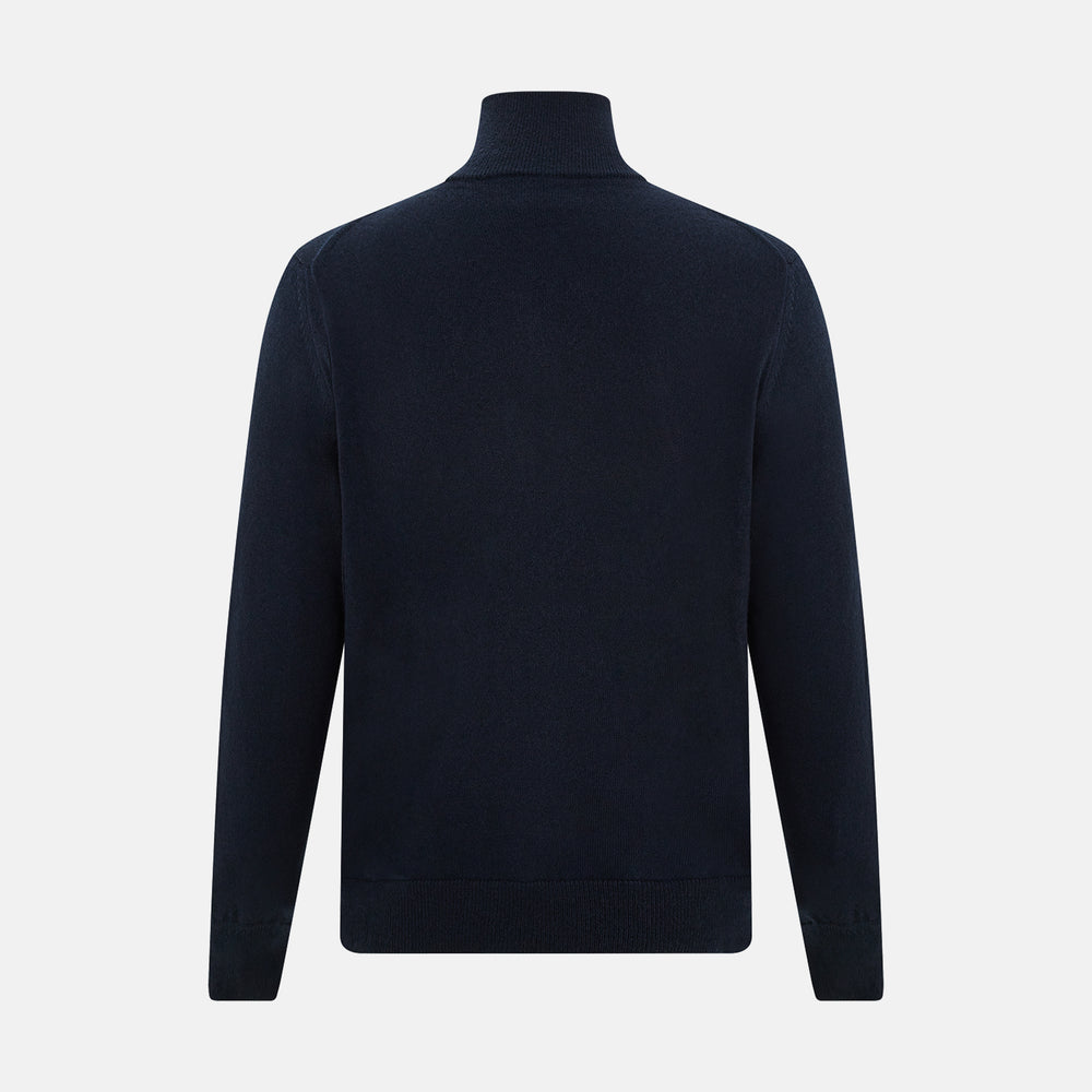 The Midnight Blue Half-Zip Cashmere Jumper by Turnbull & Asser features a stand collar, long sleeves, and quarter-zip closure, crafted from premium cashmere and shown against a plain white background.