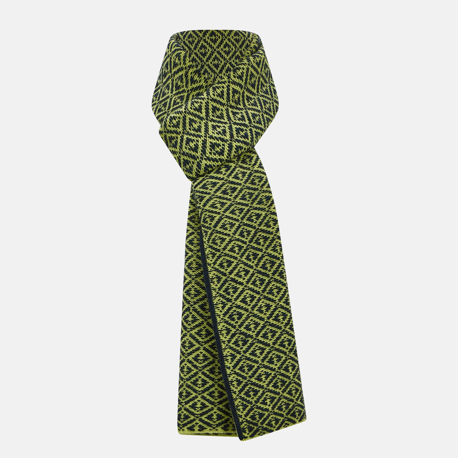 Image 1 of product A Petrol Green and Chartreuse diamond-patterned cashmere knitted scarf by Turnbull & Asser—an essential accessory for adding striking geometric flair to any look.