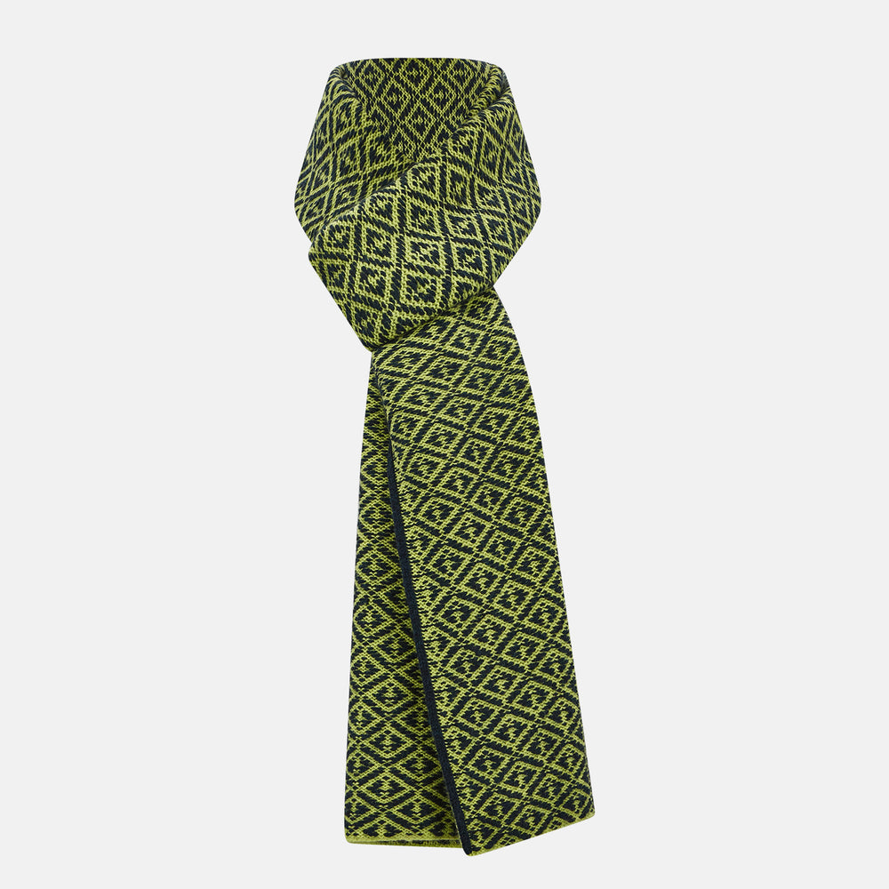 A Petrol Green and Chartreuse diamond-patterned cashmere knitted scarf by Turnbull & Asser—an essential accessory for adding striking geometric flair to any look.