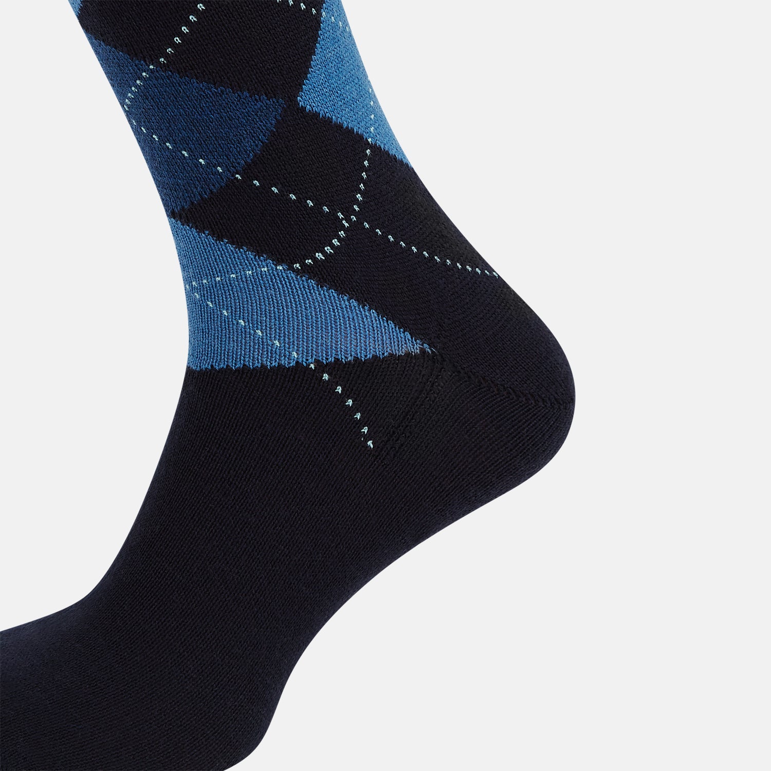 View 4 of product A single Turnbull & Asser Navy/Blue Wool Check Mid-Length Sock, featuring a blue and light blue check pattern, is displayed upright on a plain white background.
