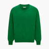 View 5 of product The Turnbull & Asser Grass Green Cashmere Round Neck Jumper features long sleeves, ribbed cuffs, collar, and hem, shown on a white background.