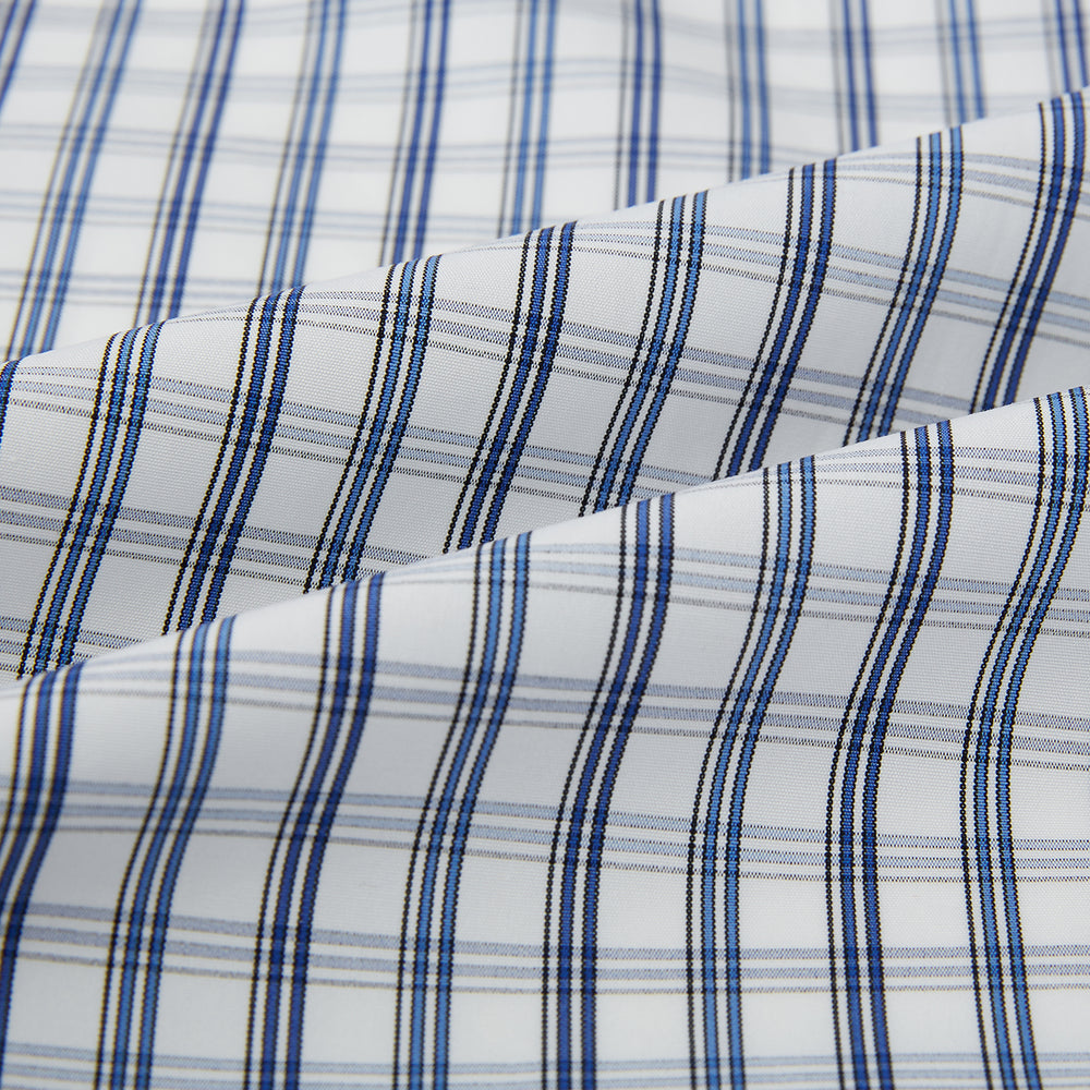 The Azzurro Multi Check Westminster Shirt by Turnbull & Asser is a long-sleeve, button-up with a white base and blue and gray checks, displayed flat against a white background.