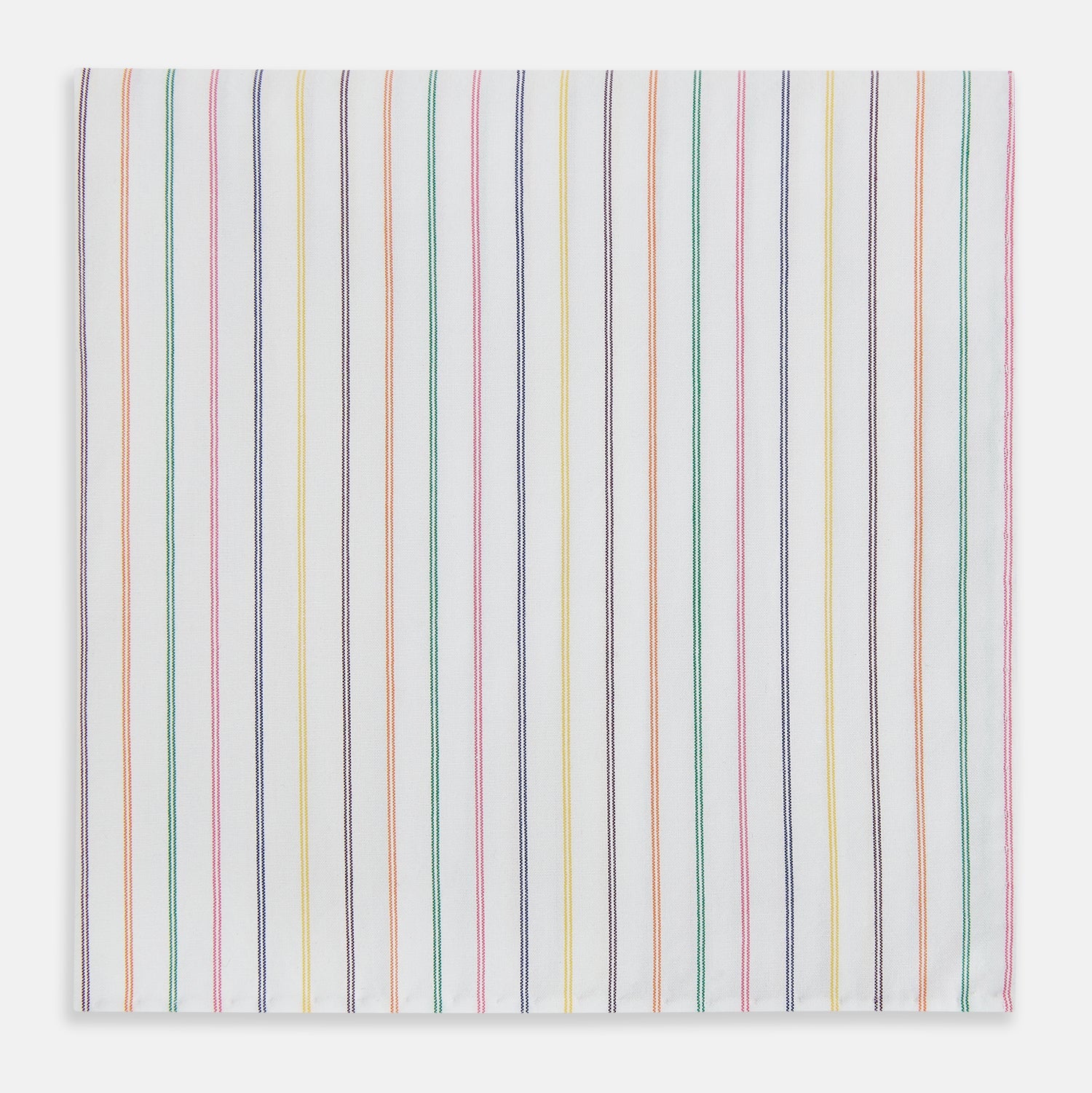 View 3 of product Turnbull & Asser’s Rainbow Double Pinstripe Hand-Rolled Handkerchief features a white square design with slim red, blue, green, and yellow stripes and refined hand-rolled edges.