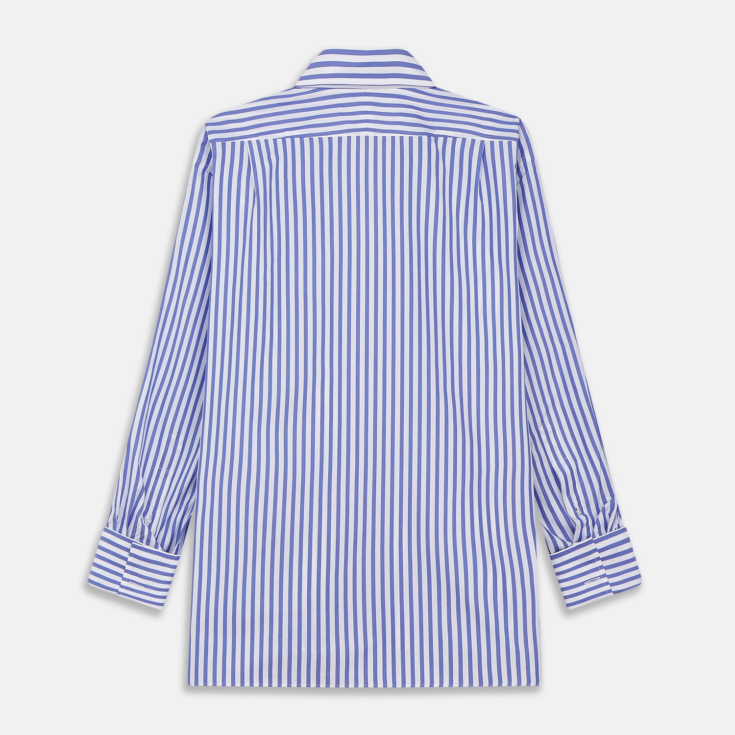 View 3 of product The Turnbull & Asser Pale Blue Candy Stripe Cotton Marlene Shirt is an oversized women's collared shirt with long sleeves, buttoned cuffs, and vertical blue and white stripes, shown laid flat on a white background.