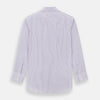 View 3 of product The Turnbull & Asser Purple Shadow Stripe Mayfair Shirt features a long-sleeve button-up design with thin vertical blue and white stripes, a T&A collar, and buttoned cuffs, shown on a plain white background.