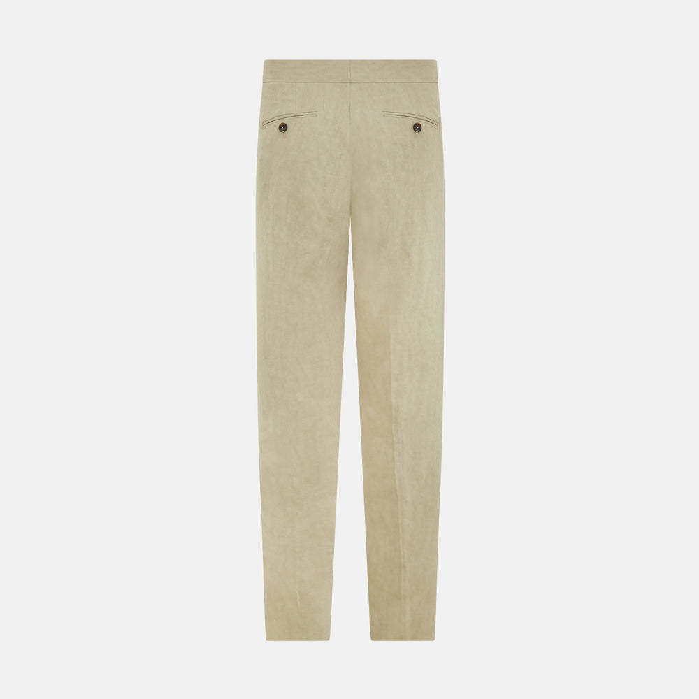 Turnbull & Asser's Taupe Linen Henry Trousers, made from a linen-cotton blend, feature a straight-leg cut, button and zip closure, belt loops, and adjustable waist tabs—shown against a plain white background.