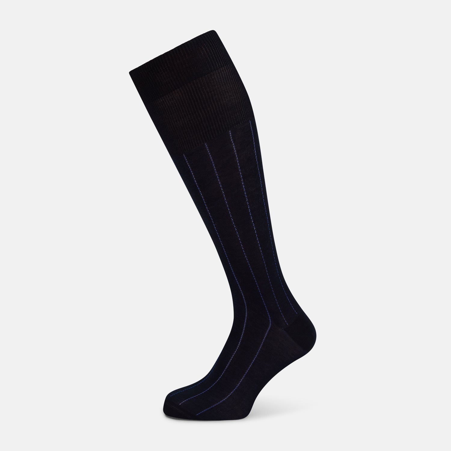 View 1 of product The Turnbull & Asser Azzurro/violet Dash Striped Long Sock, crafted from mercerised Egyptian cotton, features thin blue pinstripes on black and is shown upright against a plain white background.