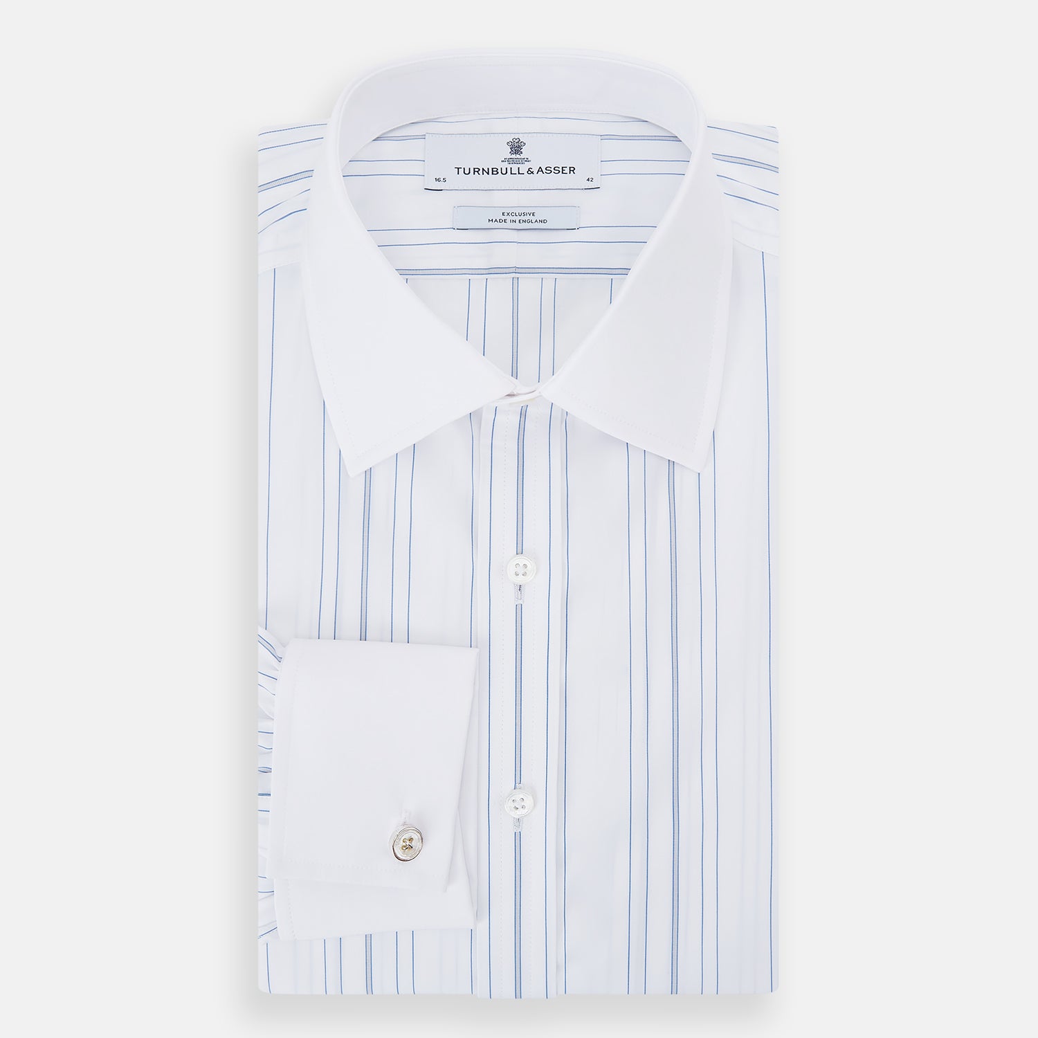 View 5 of product The Turnbull & Asser Pale Blue Multi Stripe Shirt features thin vertical stripes, a contrast collar, and double cuffs, displayed on a plain light background.
