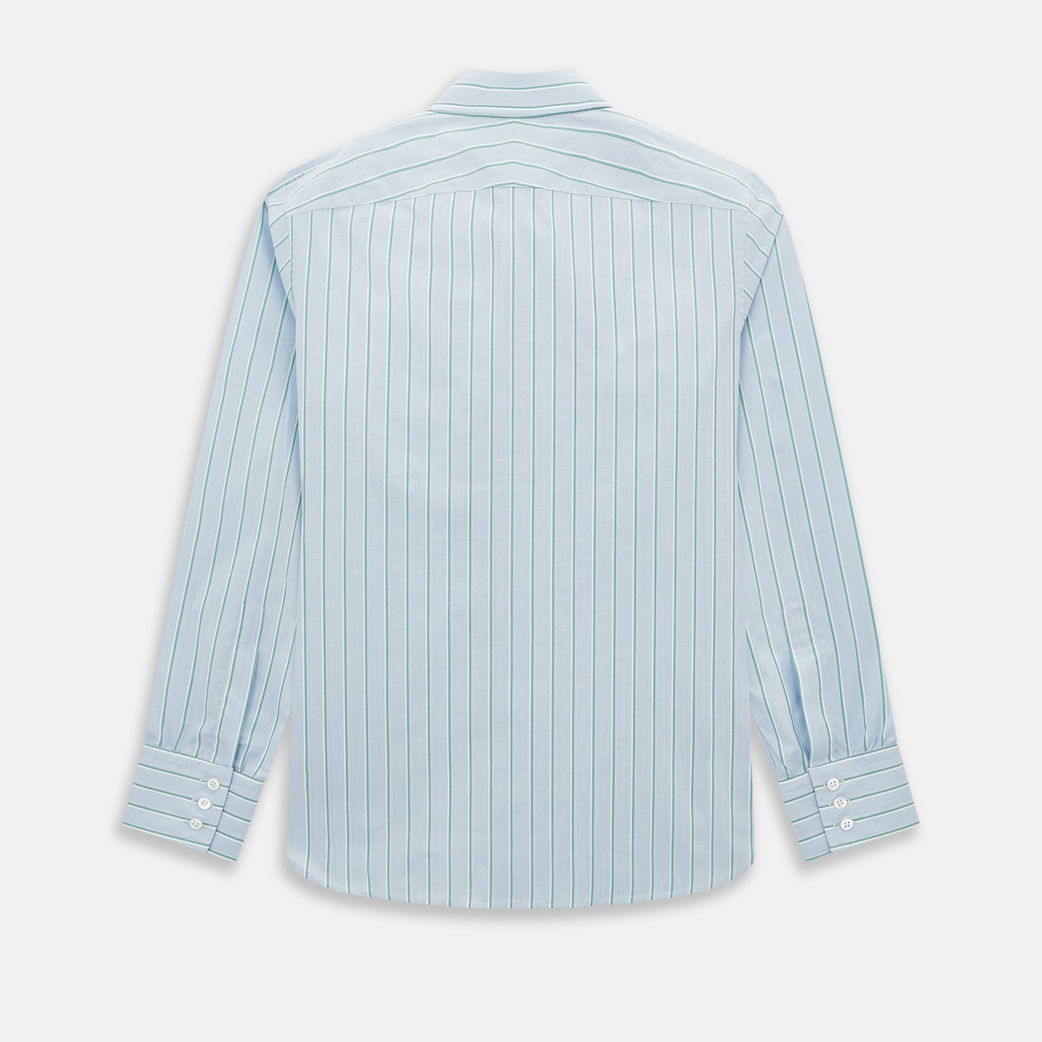 Image 3 of product Blue and green multi-stripe Westminster shirt by Turnbull & Asser, featuring a pointed collar and buttoned cuffs—a refined example of British craftsmanship on a plain white background.