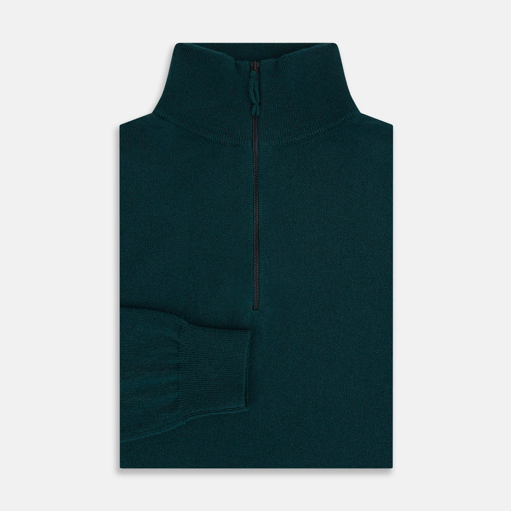 The Turnbull & Asser Hunter Green Half-Zip Cashmere Jumper is a classic knitwear pullover with long sleeves, a high mock neck, half-zip closure, and ribbed cuffs and hem, shown against a plain white background.