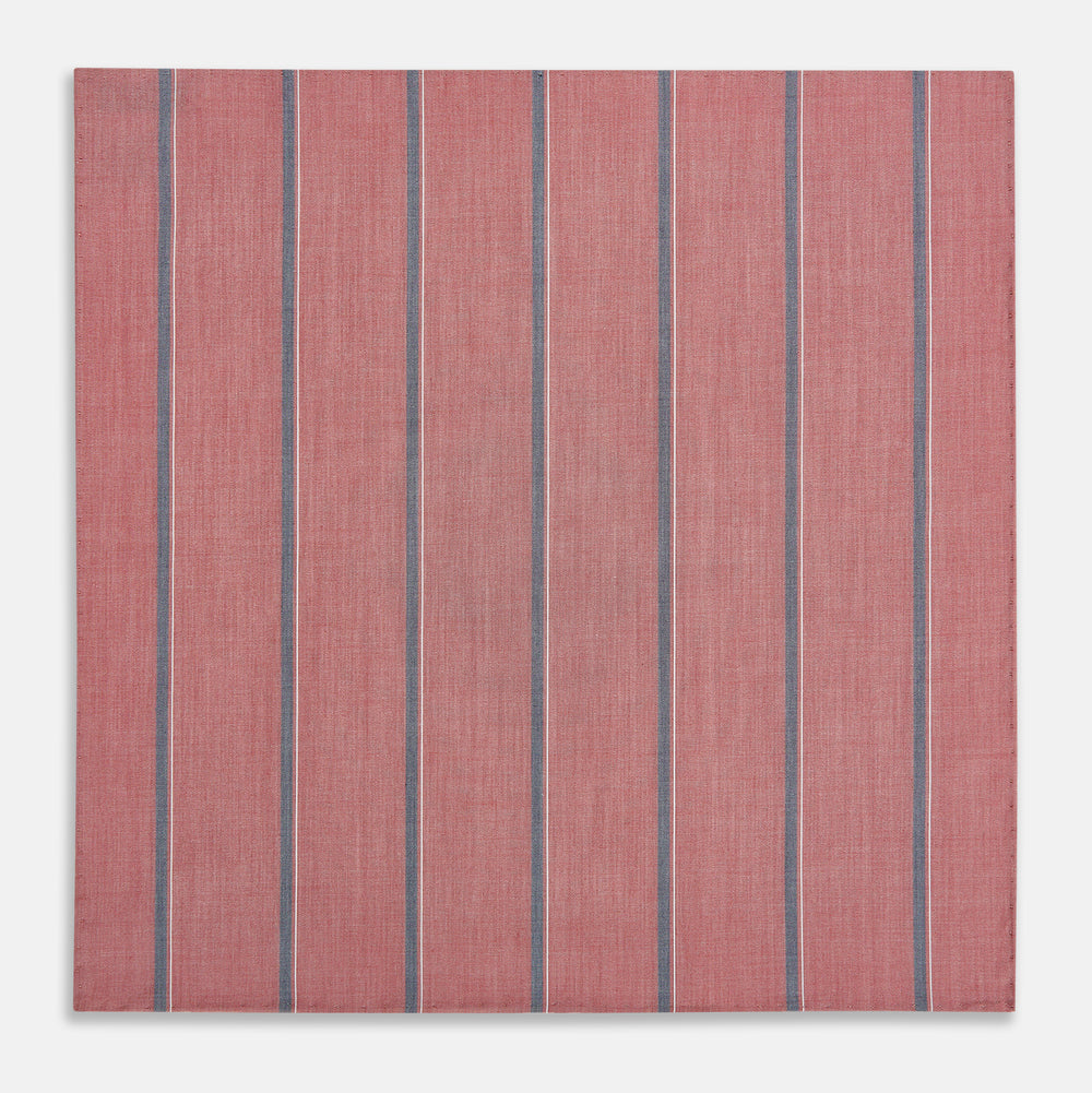 The Red Track Stripe Hand-Rolled Handkerchief by Turnbull & Asser features vertical gray and thin white stripes on red, a subtle woven texture, and elegant hand-rolled edges. Made in England.