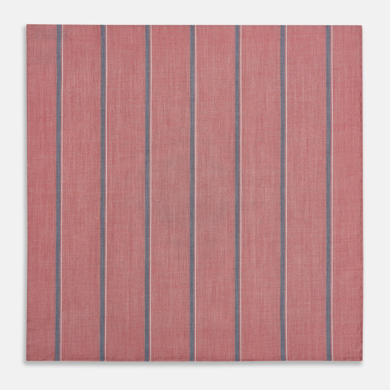 View 3 of product The Red Track Stripe Hand-Rolled Handkerchief by Turnbull & Asser features vertical gray and thin white stripes on red, a subtle woven texture, and elegant hand-rolled edges. Made in England.
