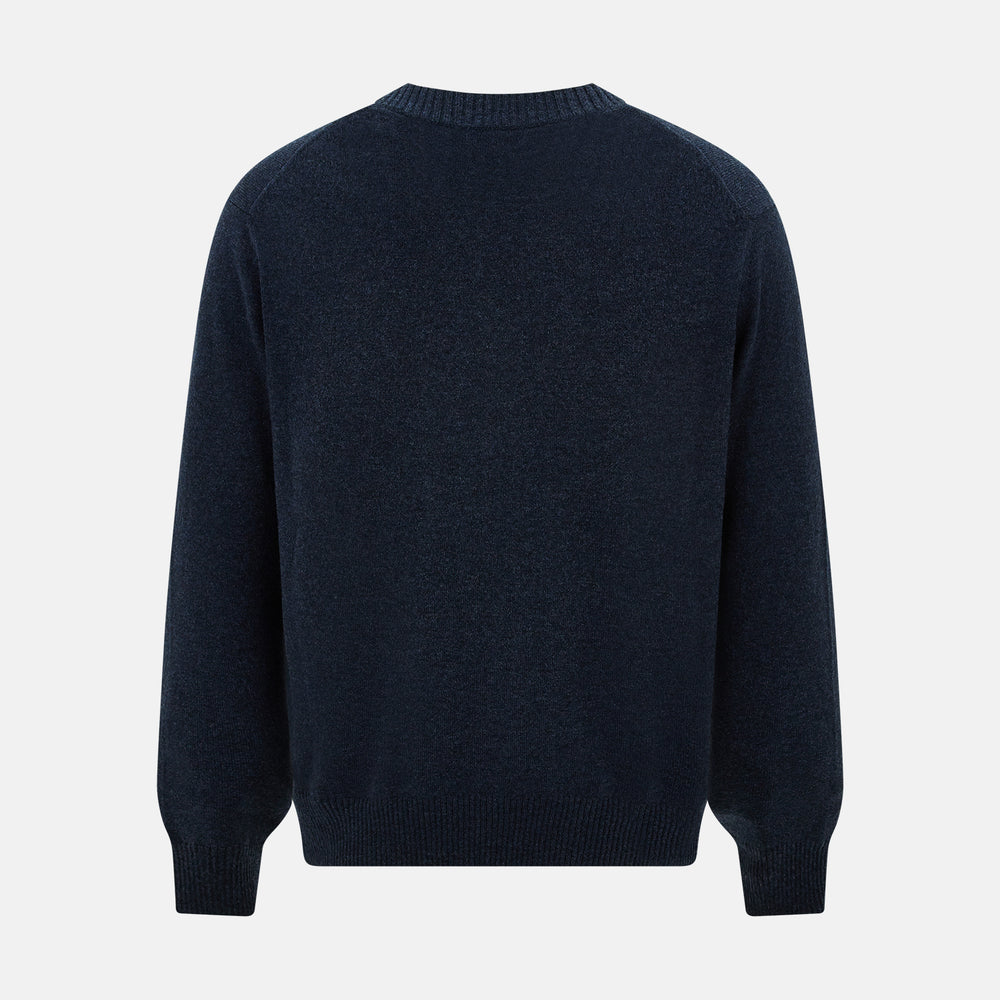 The Navy Melange Cashmere Cardigan by Turnbull & Asser features long sleeves, a V-neck, five dark buttons, ribbed cuffs and hem, and two front pockets. Shown against a plain white background.
