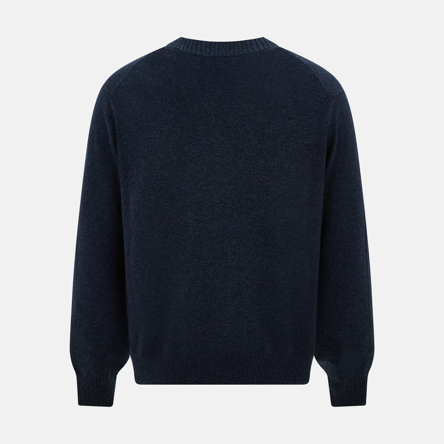 View 3 of product The Navy Melange Cashmere Cardigan by Turnbull & Asser features long sleeves, a V-neck, five dark buttons, ribbed cuffs and hem, and two front pockets. Shown against a plain white background.
