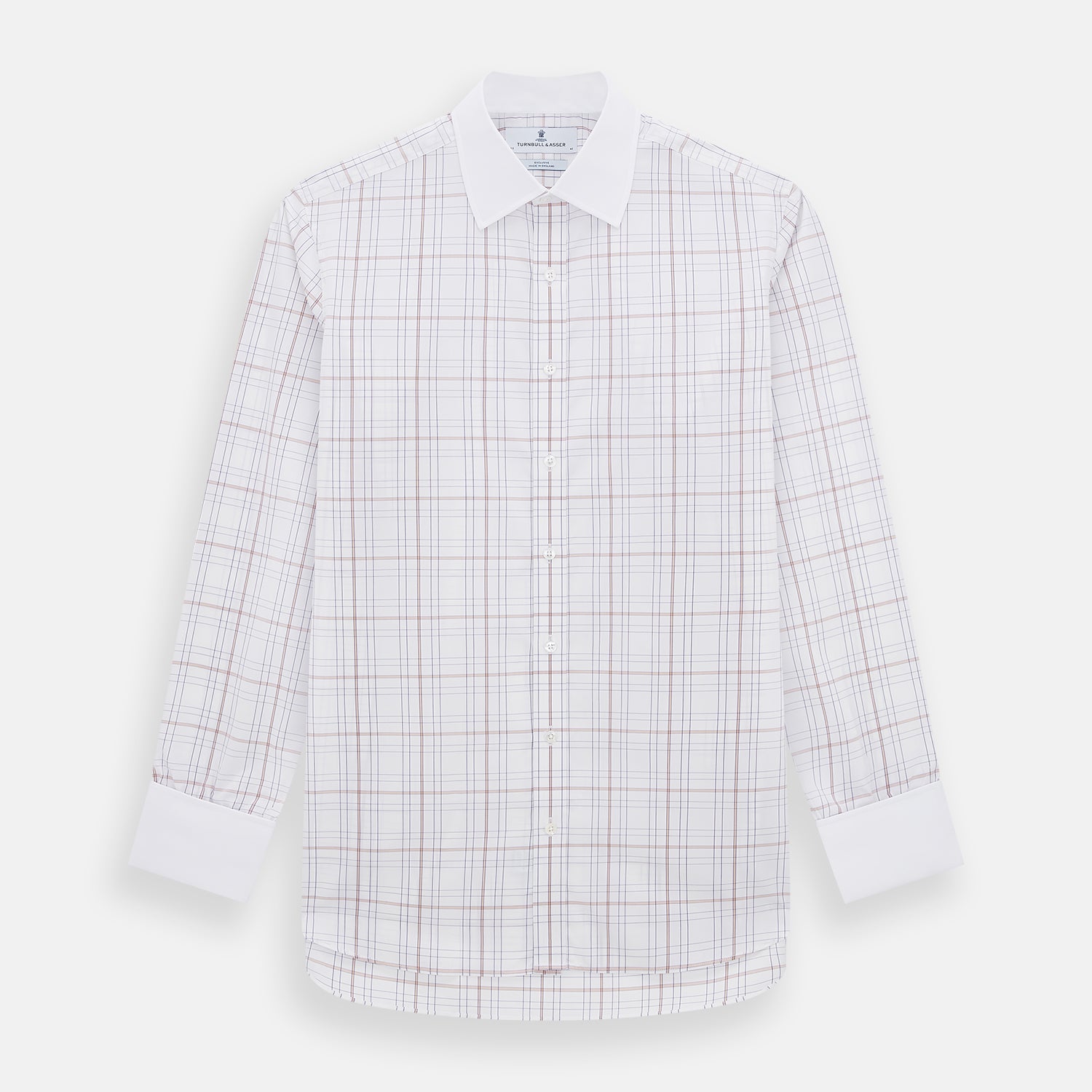 View 8 of product The Turnbull & Asser Purple Multi Plaid Check Shirt features a spread collar, double cuffs, and a fitted silhouette. Its bold plaid pattern and contrast collar add a modern touch to classic British style. Displayed on a plain white background.