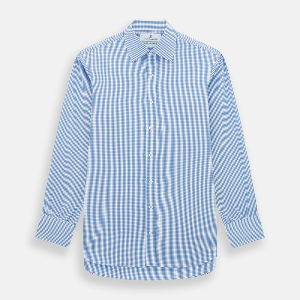 The Turnbull & Asser Blue Multi Micro Check Mayfair Shirt features a classic T&A collar, button-up front, white buttons, cuffed long sleeves, and a refined light blue and white micro check pattern.