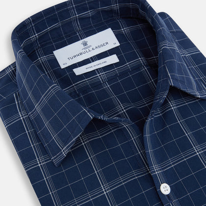 Indigo and White Thin Plaid Check Windsor Shirt