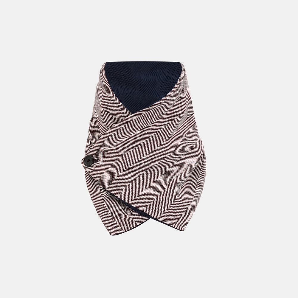 The Turnbull & Asser Burgundy Herringbone Silk and Linen Neck Warmer features a rich herringbone pattern, dark lining, and button closure, shown on a white background—a refined formal accessory.