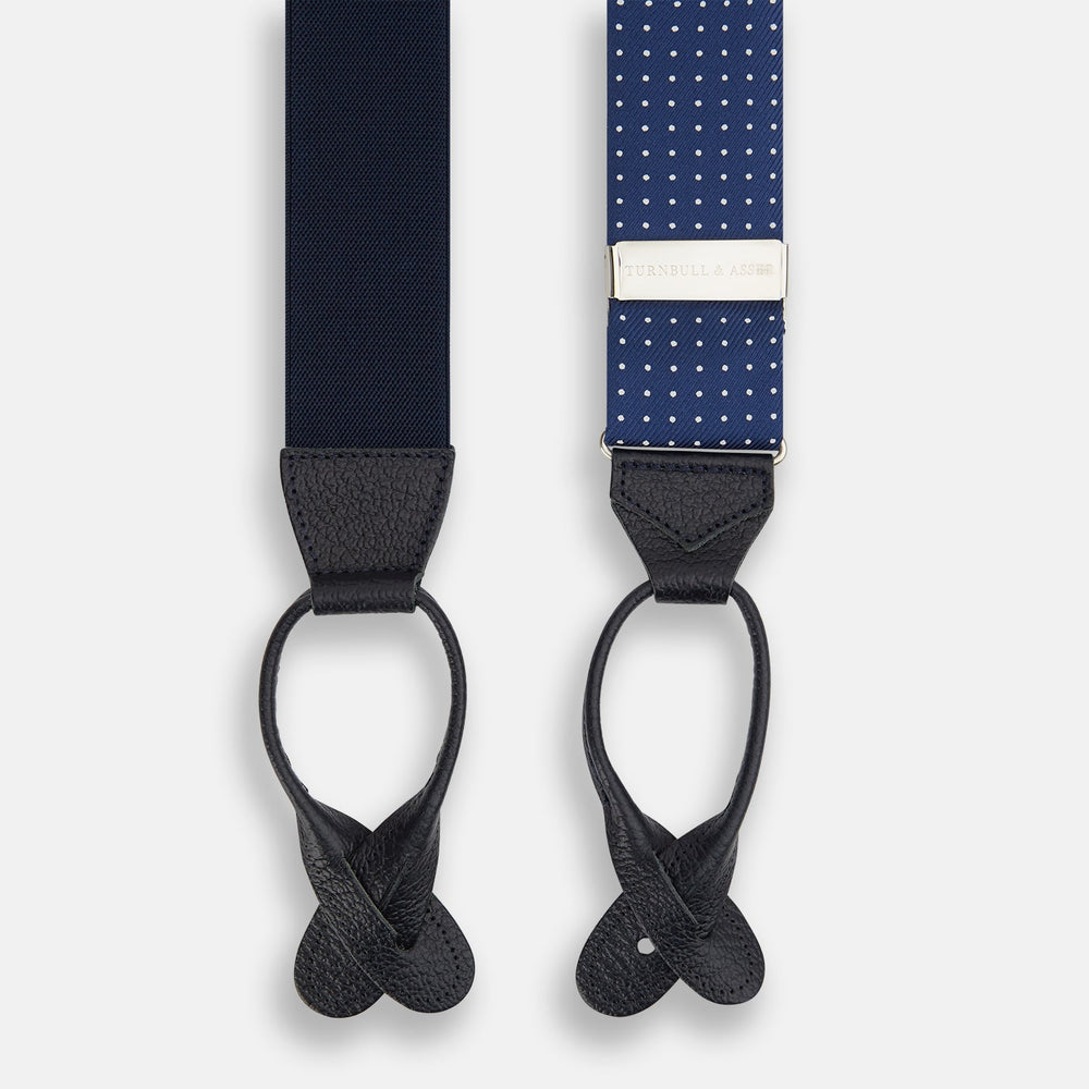 Turnbull & Asser Navy & White Small Spot Adjustable Silk and Navy Leather Braces feature silver-engraved clips and leather button loops—perfect for refined sartorial style.