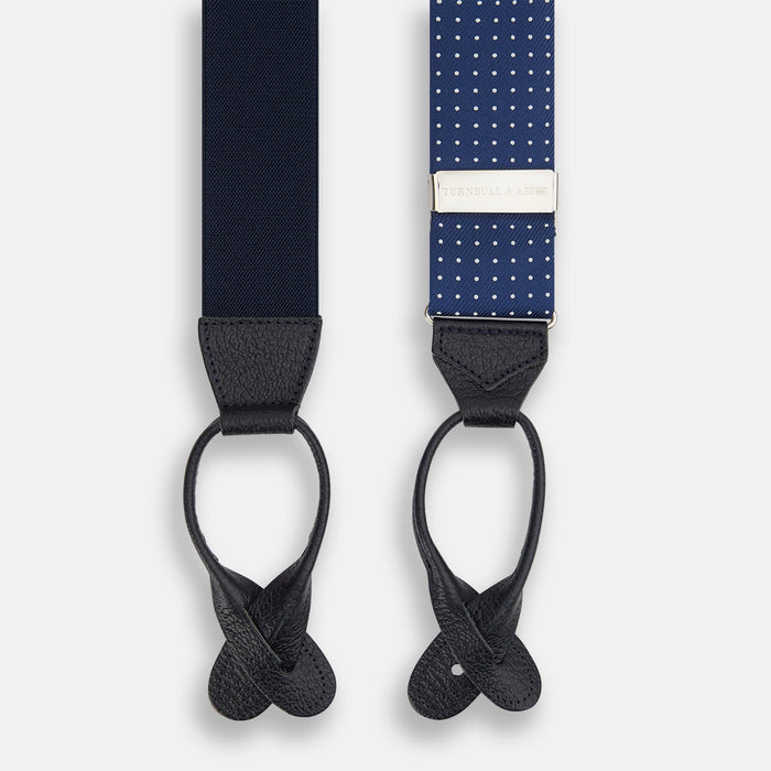 Navy & White Small Spot Adjustable Silk and Navy Leather Braces Image 2