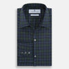 View 5 of product The Turnbull & Asser Navy and Khaki Tartan Windsor Shirt features a long-sleeve button-up design with a Windsor collar and buttoned cuffs, showcasing British craftsmanship in a classic tartan pattern.