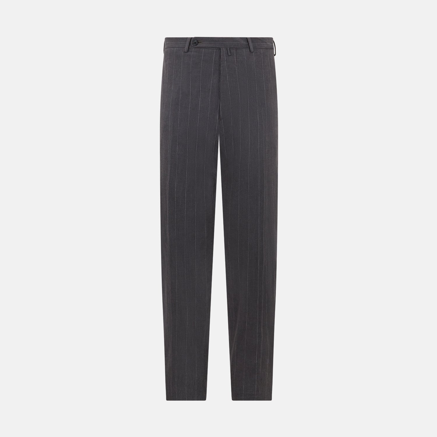 View 1 of product Turnbull & Asser’s Dark Chocolate Striped Edmund trousers feature straight-cut legs, a relaxed fit, button closure, and belt loops. These cotton trousers display subtle vertical stripes against a plain white background.