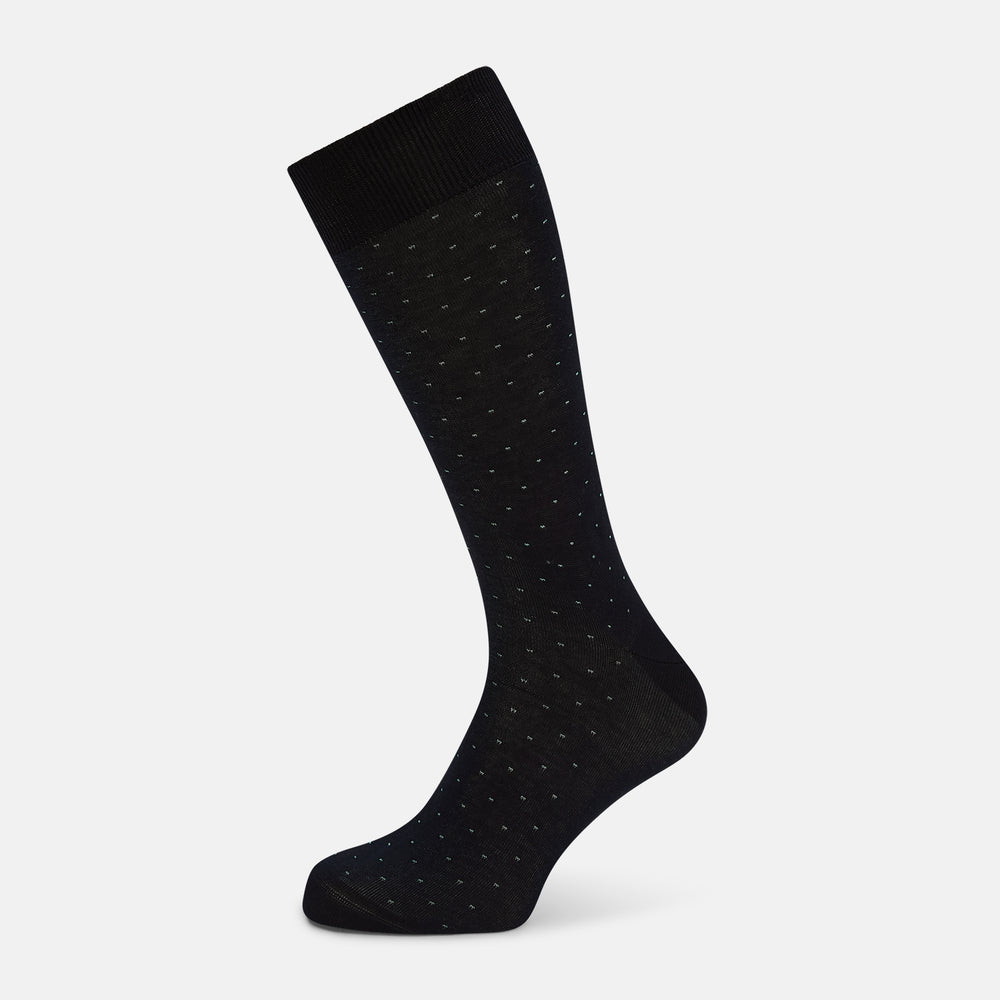 A single Navy/Pale Blue Polka Dot Mid-Length Sock by Turnbull & Asser, displayed upright on a white background.