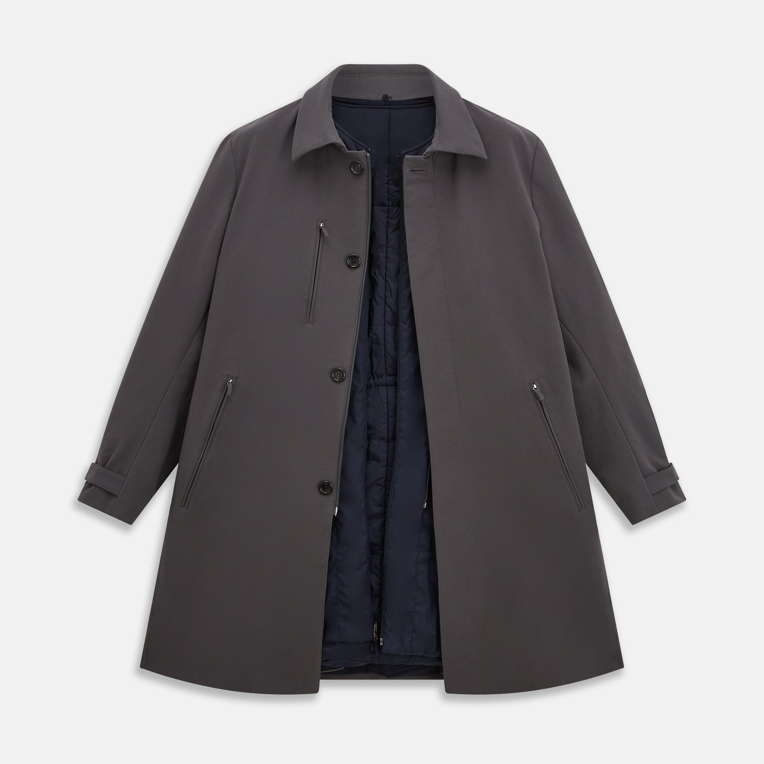 View 4 of product The Turnbull & Asser Charcoal Melange John Arthur Trench Coat, featuring a collar, single-breasted closure, and three zippered pockets—one chest and two at the hips—is shown against a plain white background.