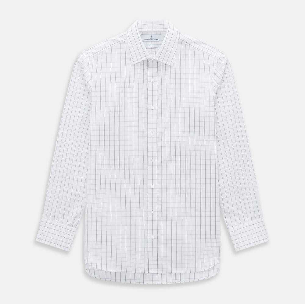 A long-sleeve, button-down Navy Blue Hairline Multi Stripe Mayfair Shirt by Turnbull & Asser is displayed flat against a white background.