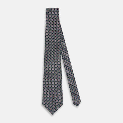 Navy Mélange Paisley and Square Print Silk Tie