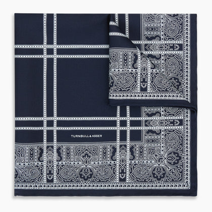 Navy Paisley Bandana Patterned Silk Pocket Square