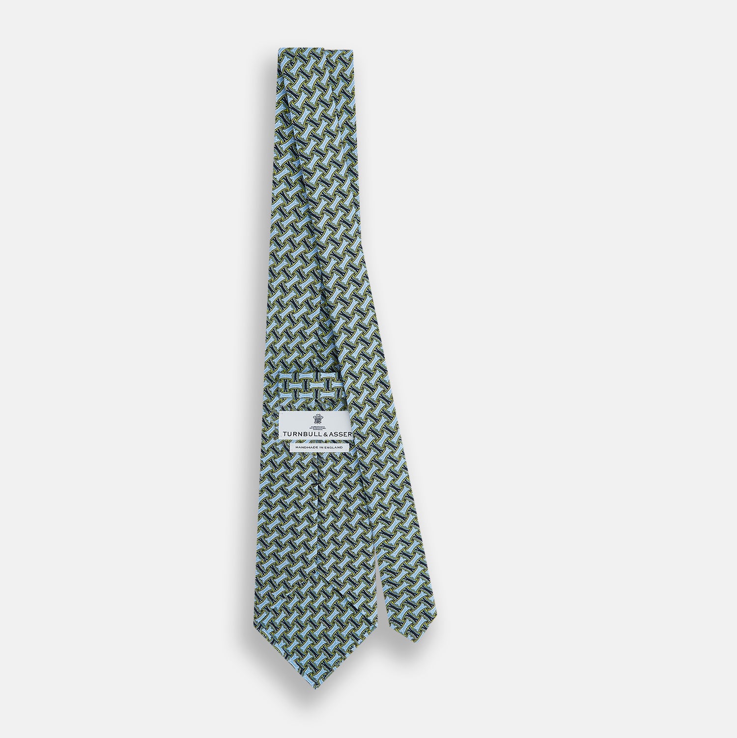 View 4 of product The Turnbull & Asser Light Blue and Chartreuse Lemon Weave Patterned Silk Tie, crafted from fine English silk, features a geometric design in blue and green tones, displayed on a plain white background.