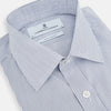 View 2 of product The Navy and White Ticking Stripe Mayfair Shirt by Turnbull & Asser features long sleeves, buttoned cuffs, a pointed T&A collar, and button-up front, shown on a plain white background.
