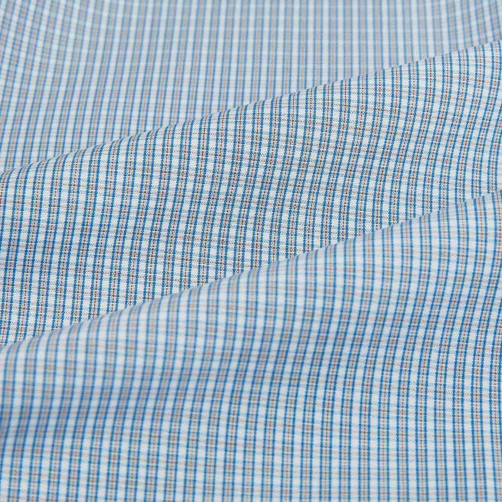 The Turnbull & Asser Blue and Brown Micro Shadow Check Westminster Shirt features a refined collar and white buttons, showcasing timeless British craftsmanship.