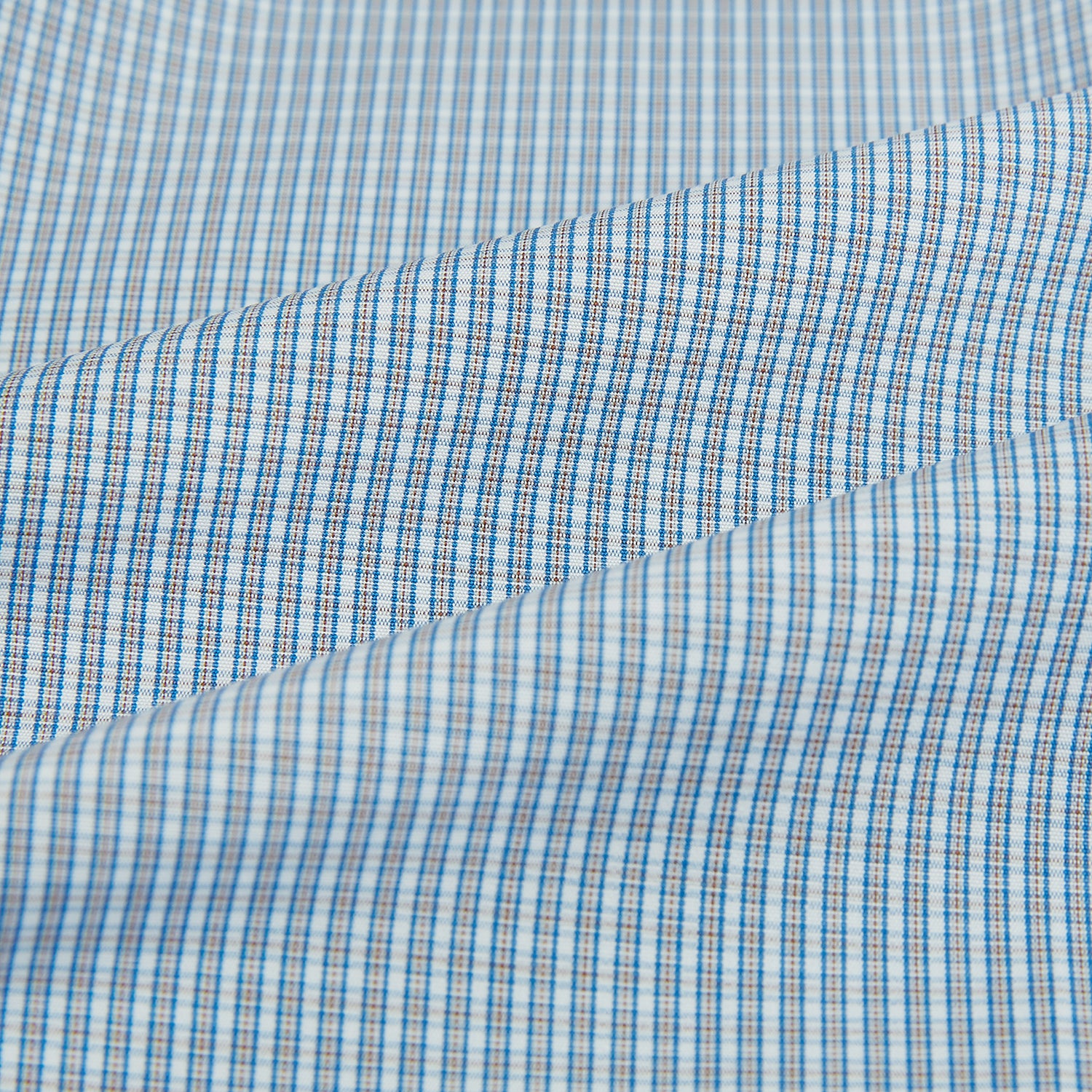 View 8 of product The Turnbull & Asser Blue and Brown Micro Shadow Check Westminster Shirt features a refined collar and white buttons, showcasing timeless British craftsmanship.
