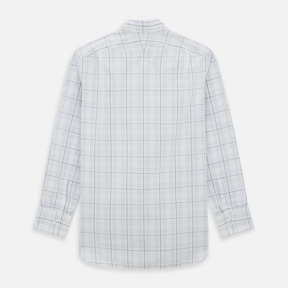 The Turnbull & Asser Blue and Grey Multi Check Mayfair Shirt features a T&A collar, cuffed long sleeves, and a light blue and gray plaid pattern on white.