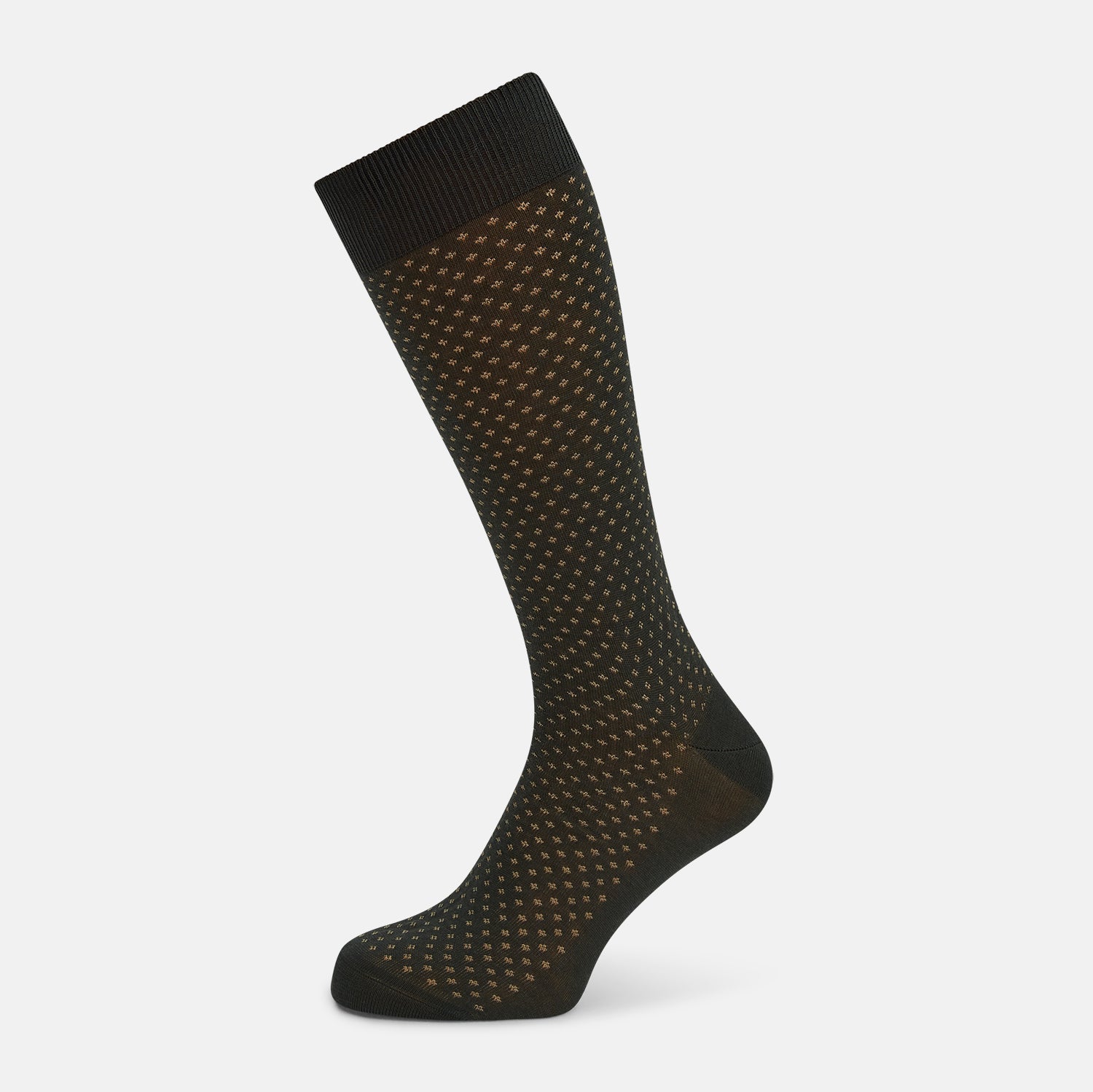 View 1 of product A single forest green mid-length sock from Turnbull & Asser, featuring a motif pattern and crafted from soft mercerised Egyptian cotton, shown against a plain white background.