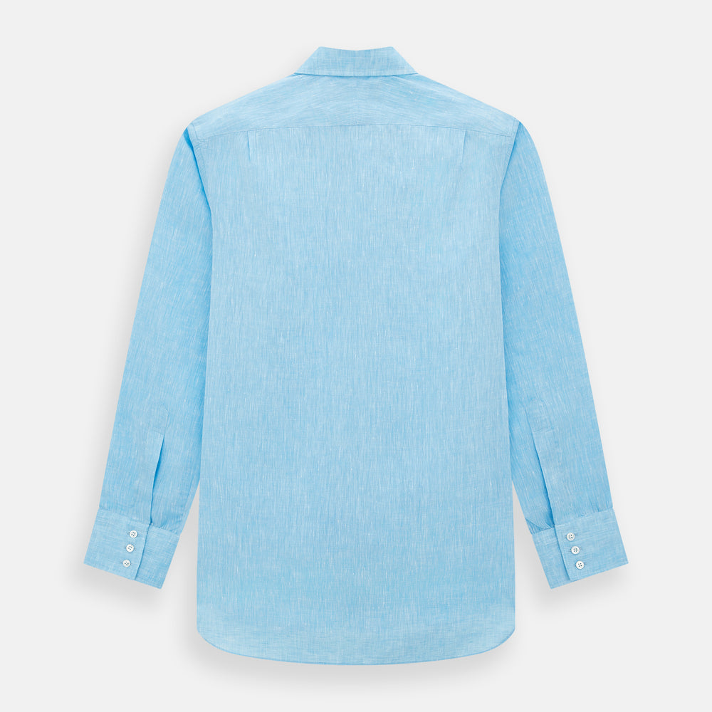 The Turnbull & Asser Turquoise Linen Mayfair Shirt features long sleeves and a collar, displayed neatly on a white background.