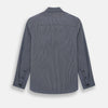 View 3 of product Turnbull & Asser’s Navy Stripe Highbury Overshirt with long sleeves, button-up front, black buttons, collar, and a left chest pocket is shown laid flat on a white background.