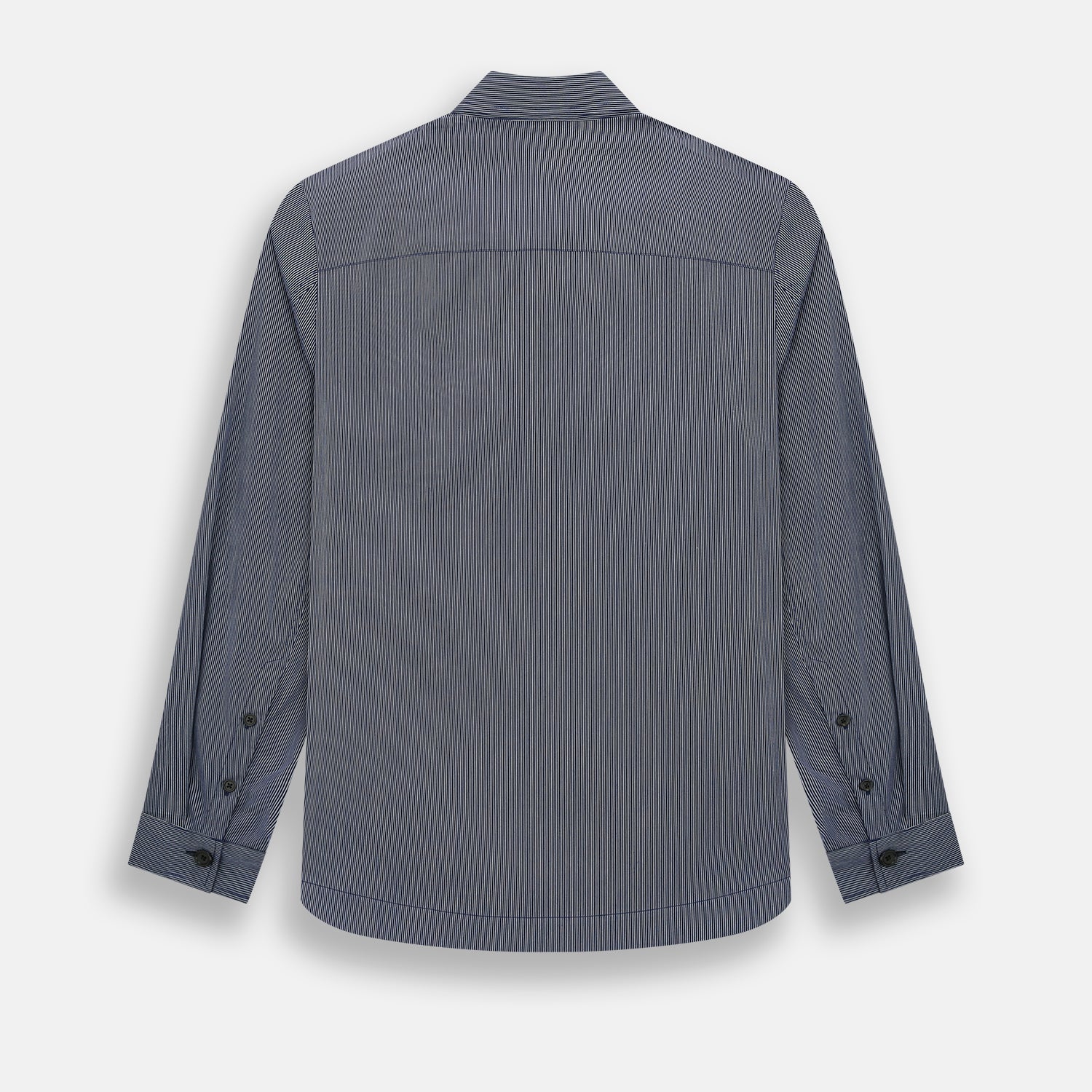 View 3 of product Turnbull & Asser’s Navy Stripe Highbury Overshirt with long sleeves, button-up front, black buttons, collar, and a left chest pocket is shown laid flat on a white background.