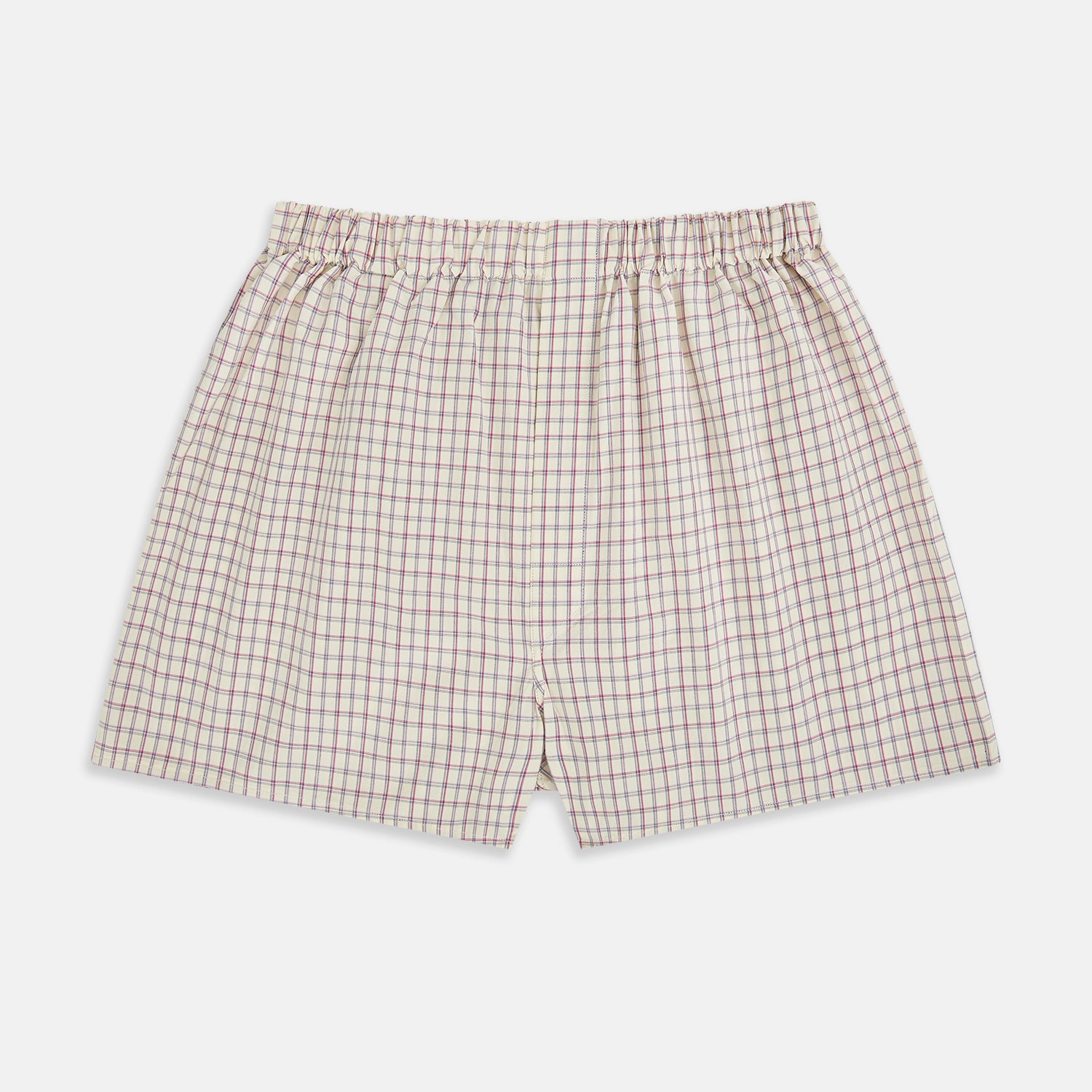 View 1 of product These Pink and Cream Double Graph Check Godfrey Boxer Shorts by Turnbull & Asser feature Italian cotton, an elastic waistband, and a pink and cream checked pattern, displayed flat on a white background.