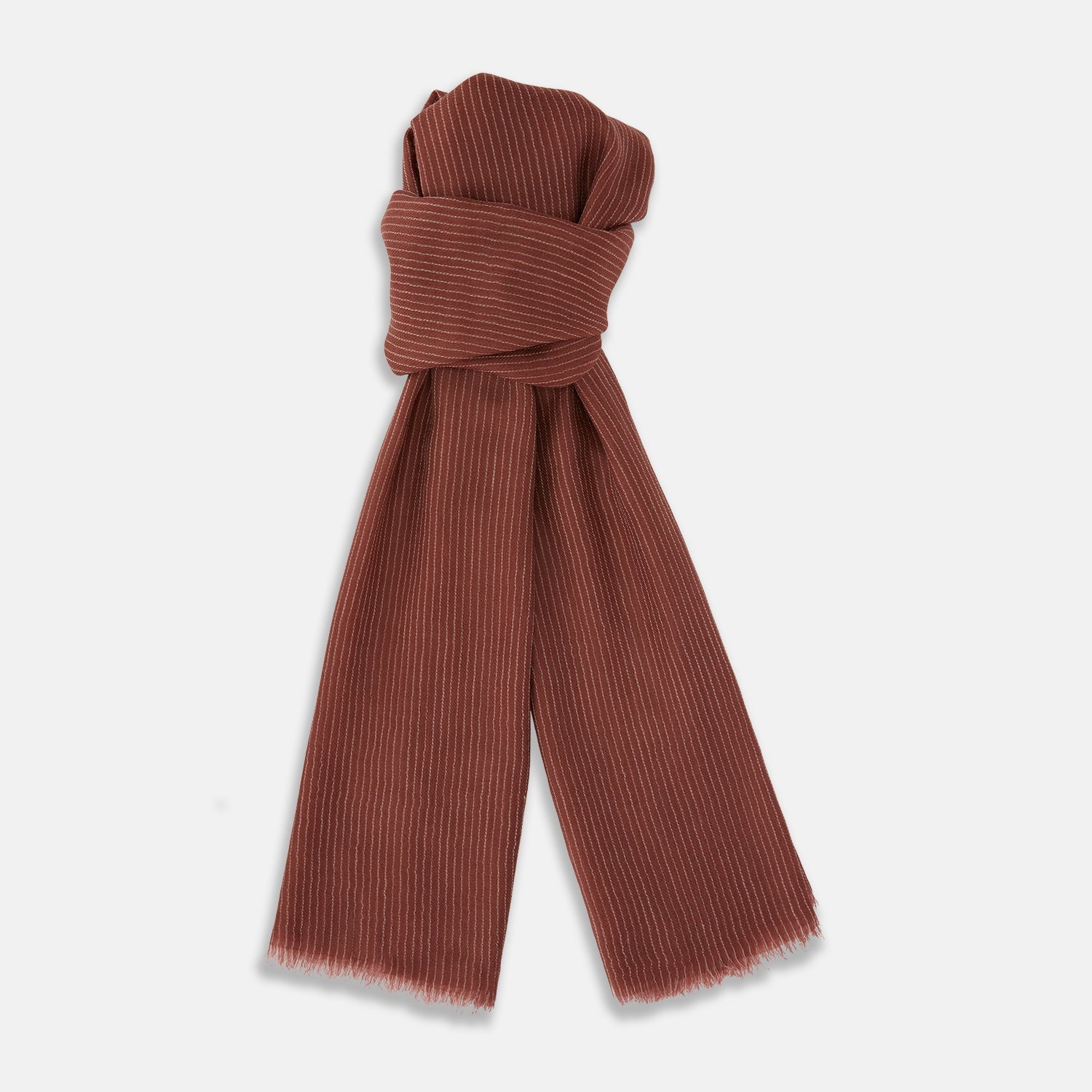 View 1 of product A Burgundy and White Striped Cashmere Scarf by Turnbull & Asser is neatly folded on a plain, light gray background.