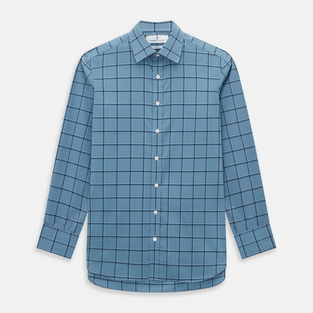The Turnbull & Asser Steel Grey Grid Check Mayfair Shirt is a long-sleeve, button-up shirt in light blue Italian cotton, shown against a plain white background.