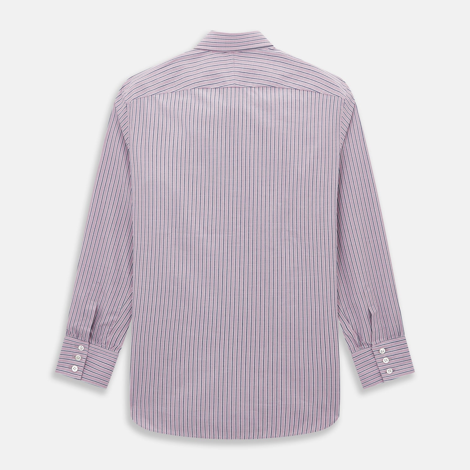 Image 3 of product The Turnbull & Asser Antique Pink Ticking Stripe Westminster Shirt is a collared, long-sleeve button-up with thin vertical pink stripes on white, highlighting British craftsmanship. It’s shown neatly laid flat and fully buttoned.