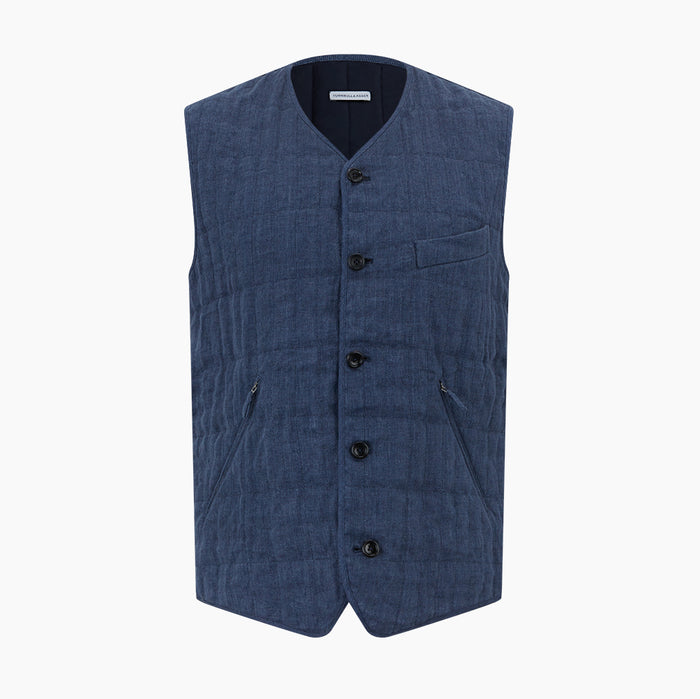 Denim Blue Quilted Linen Herringbone Waistcoat Image 5