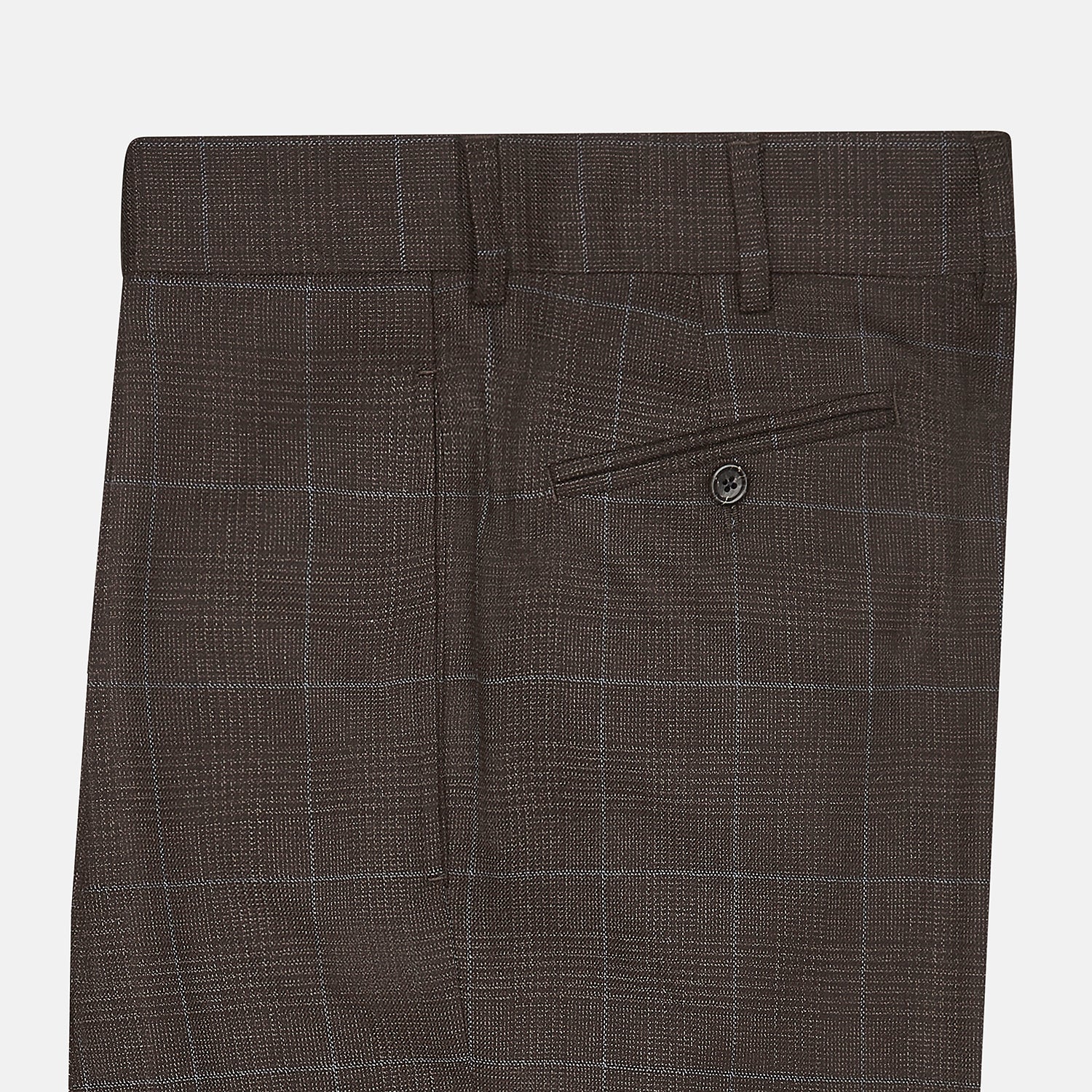 View 4 of product The Turnbull & Asser Brown Check Arthur Trousers feature a straight leg, button and zip closure, belt loops, and front pleats, shown against a plain white background.