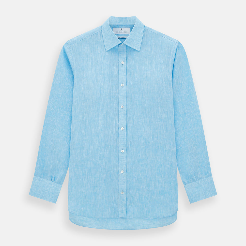 The Turnbull & Asser Turquoise Linen Mayfair Shirt features long sleeves and a collar, displayed neatly on a white background.