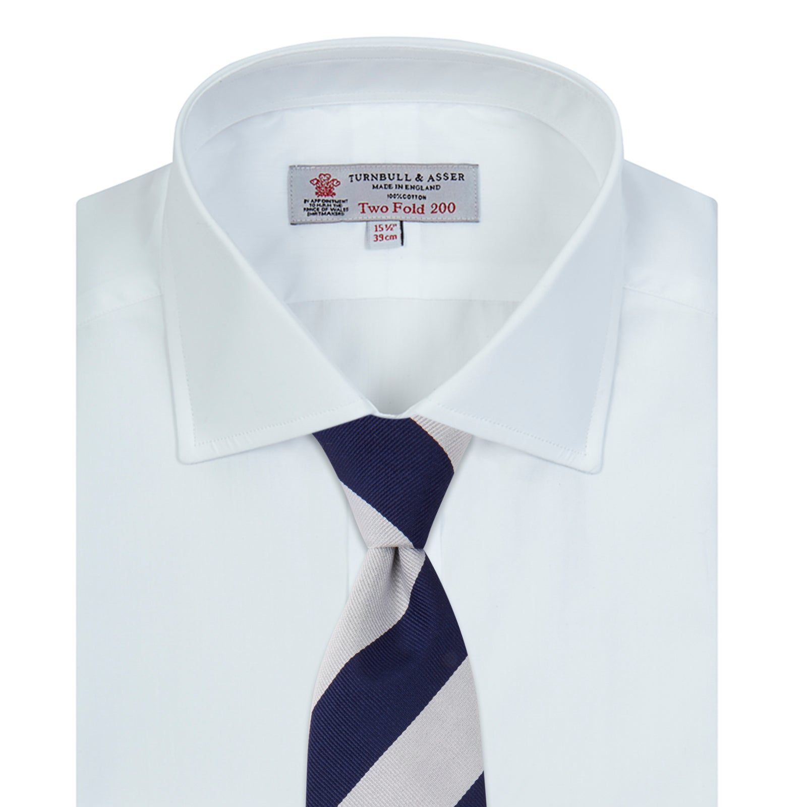 View 4 of product A neatly folded Turnbull & Asser Two-Fold 200 White Cotton Shirt with a Regent collar and 3-button cuffs, crafted from breathable fabric, is displayed on a light grey background with the label visible inside the collar.